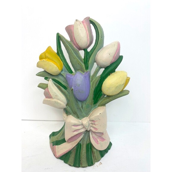 Original Painted Hubley Tulip Painted Doorstop Vintage Cast Iron - Picture 2 of 11